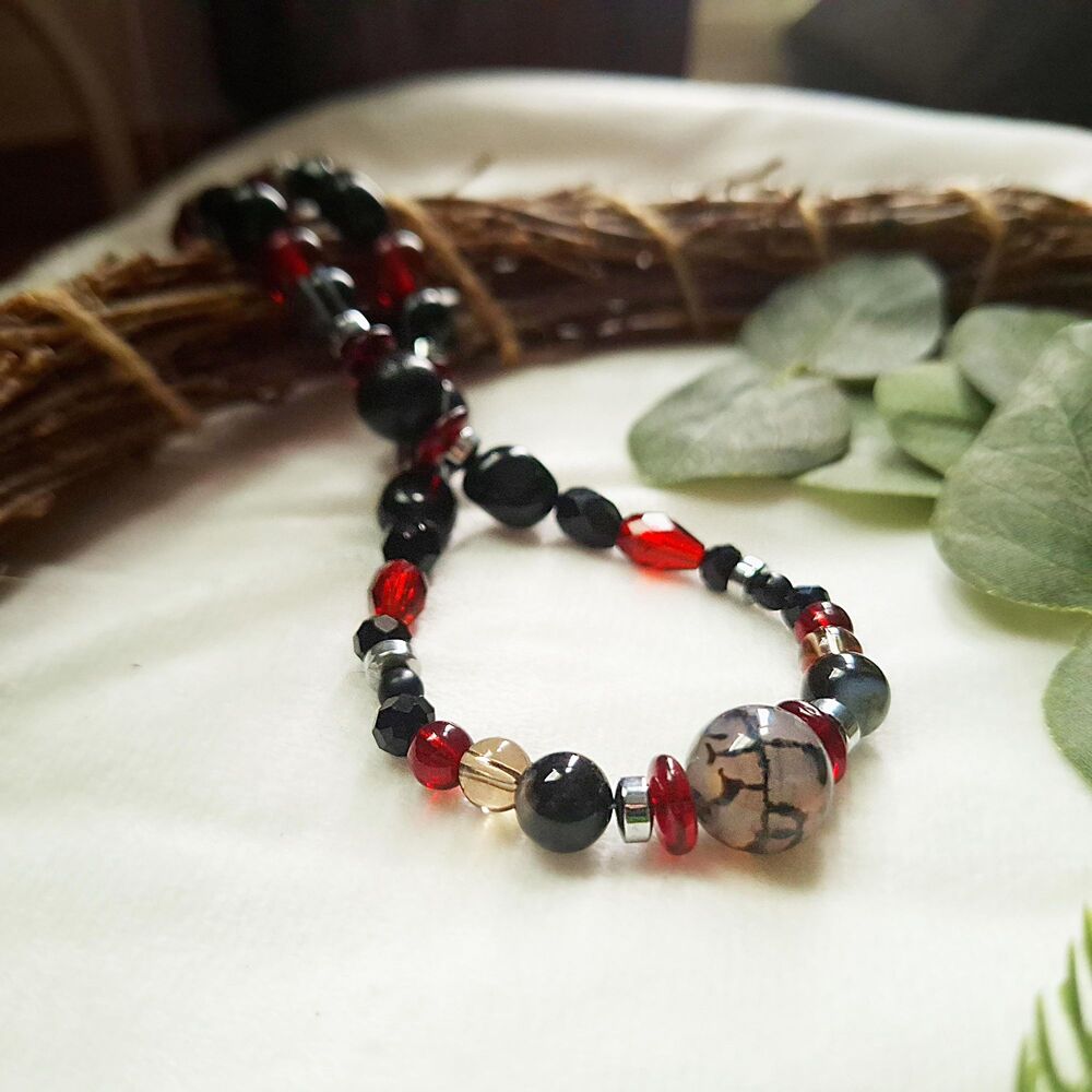 Whimsigoth Spiderweb Agate Choker Necklace, Black Onyx, Jasper, & Ruby Red Glass - Picture 7 of 12